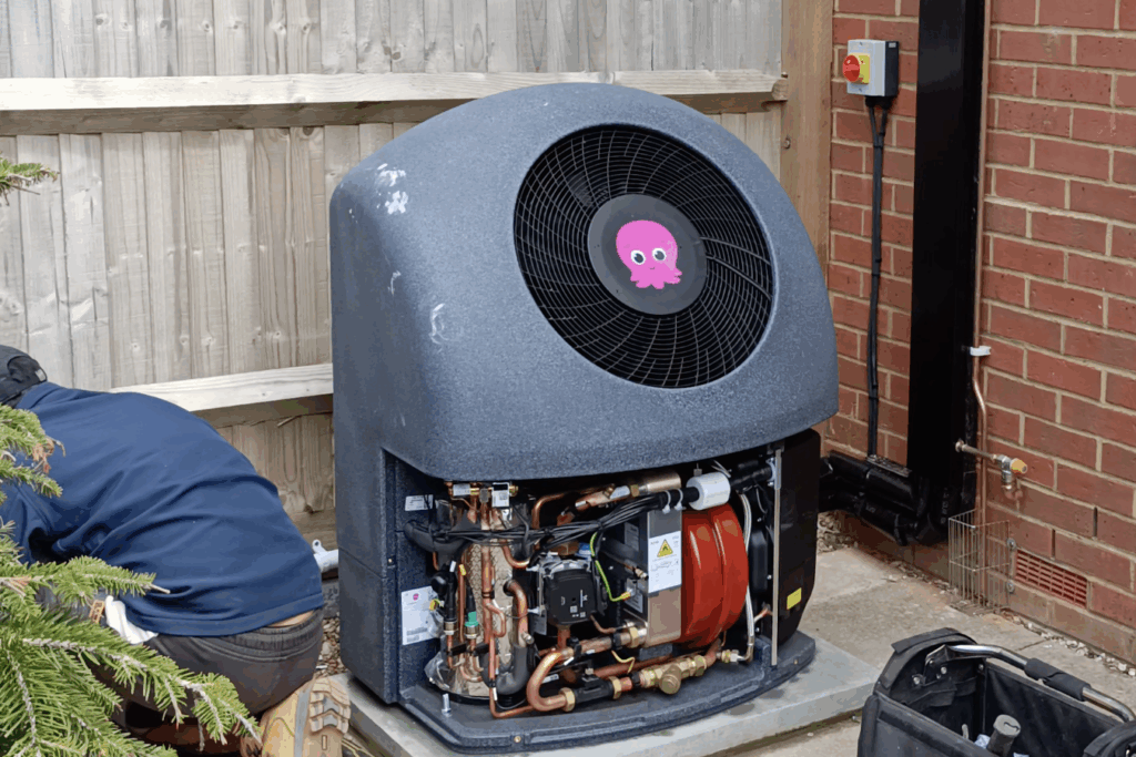 Grey heat pump being installed, with Octopus logo on the top, and front cover open to reveal mechanics within